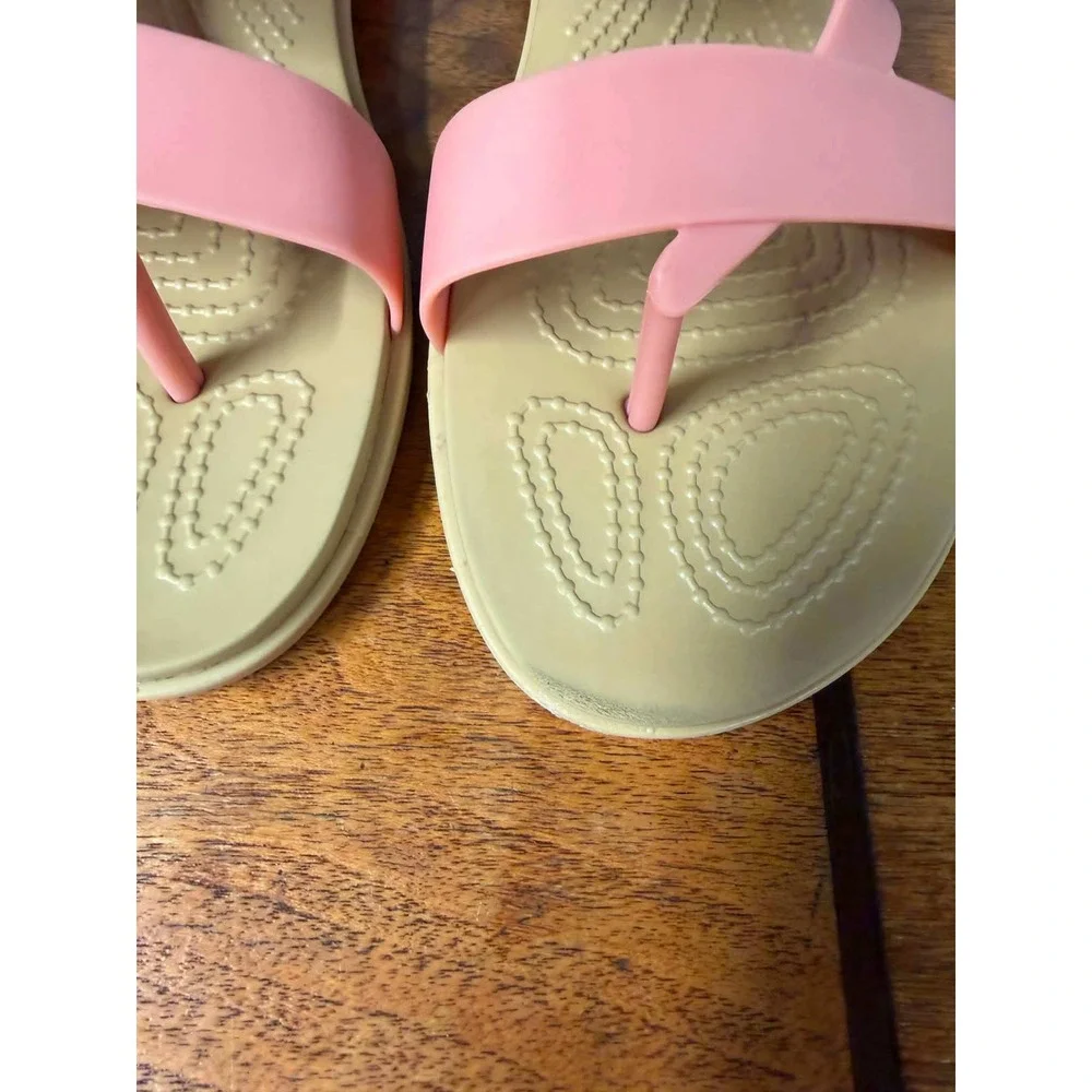 Crocs Tulum Sandal Pink Tan Ankle Strap Buckle Thong Flat Shoes Womens 9
